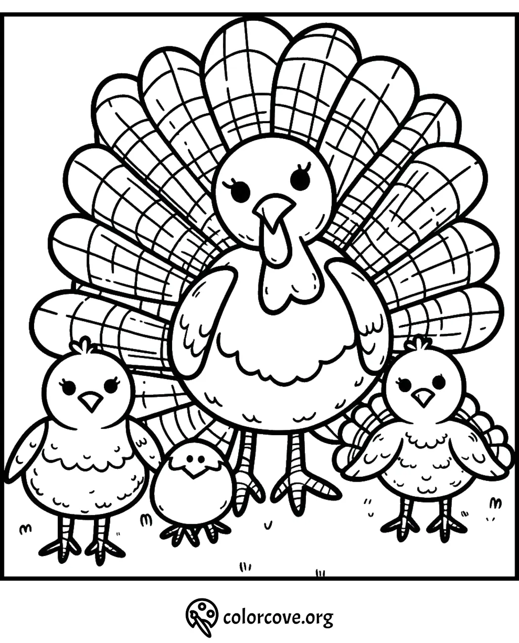 Turkey family coloring page with adult and baby turkeys underlined by colorcove.org for Thanksgiving fun.