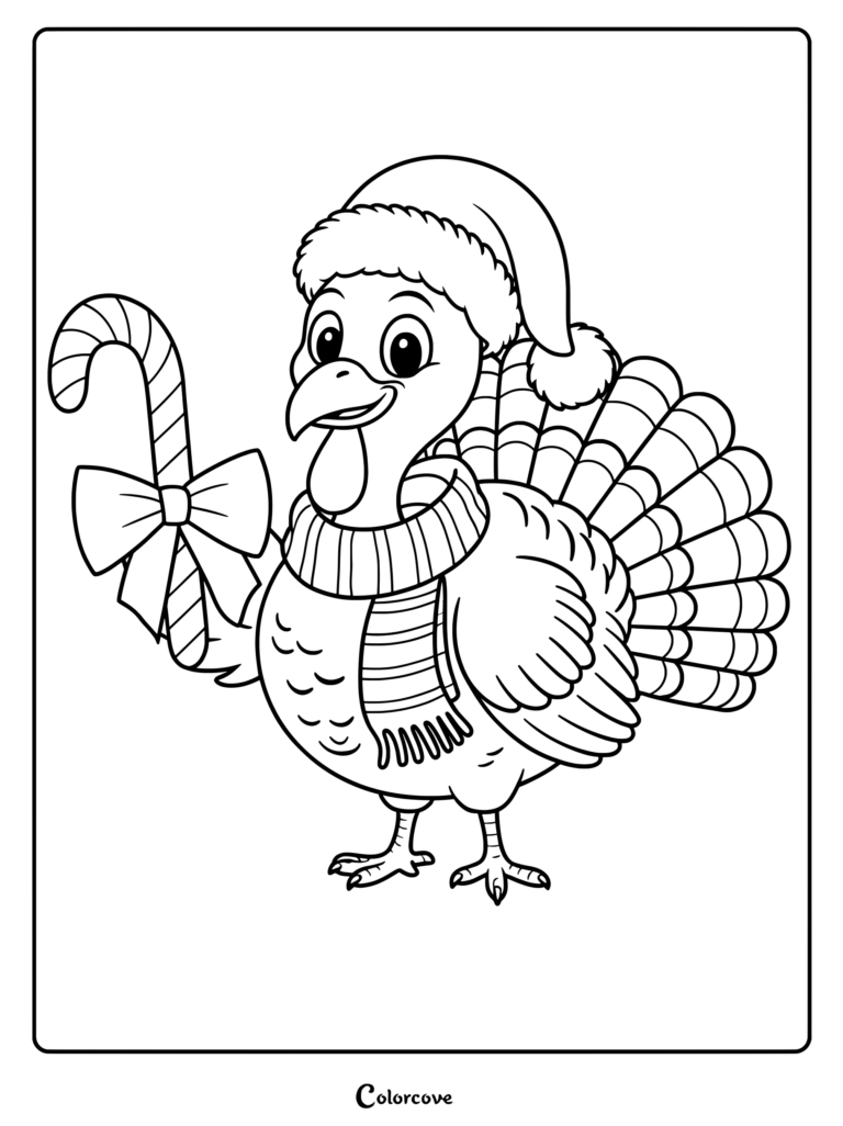 A festive turkey wearing a Santa hat and striped scarf holding a candy cane with a bow in this printable coloring page.