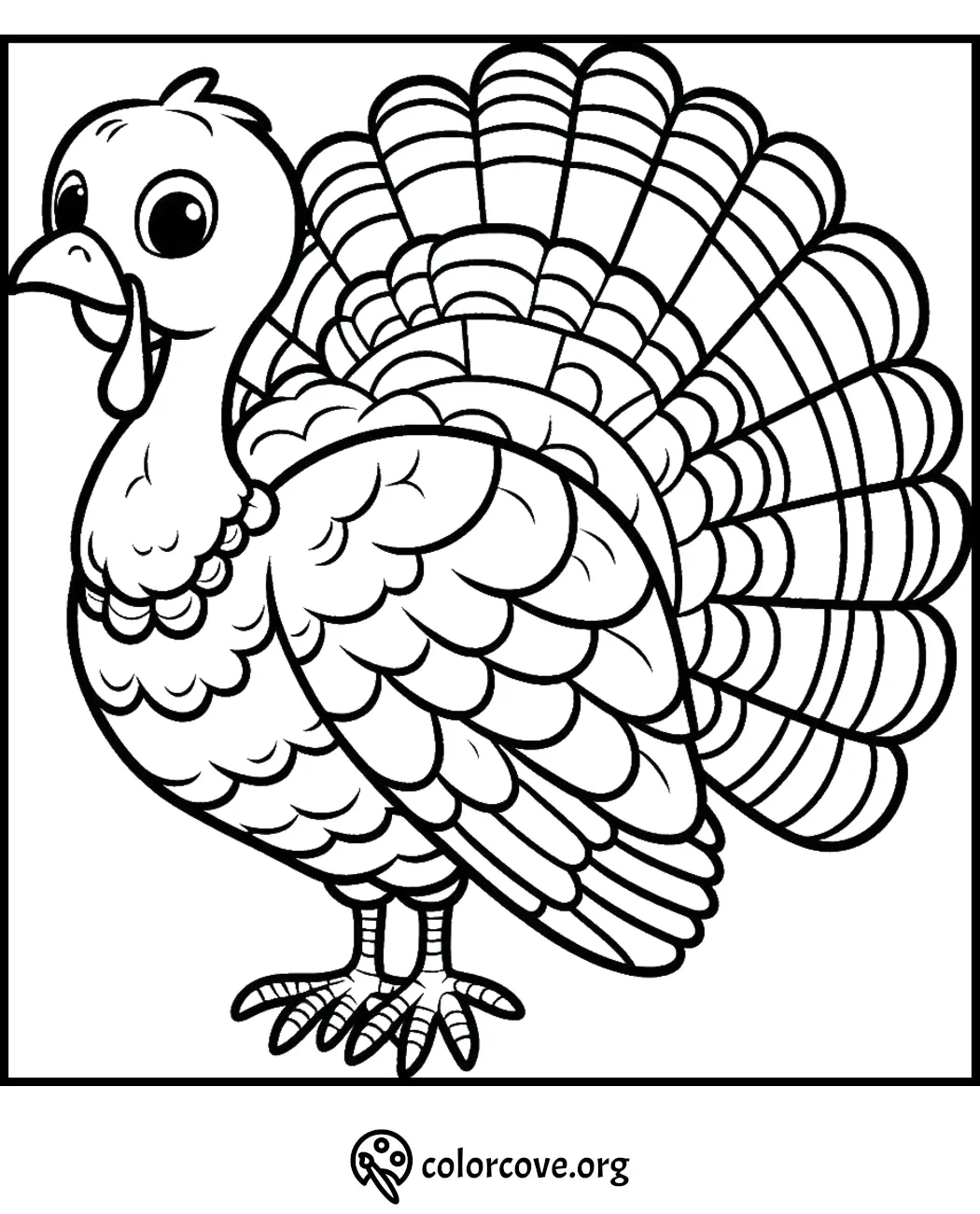 Cartoon turkey coloring page for kids, featuring detailed feathers and cheerful expression at colorcove.org.