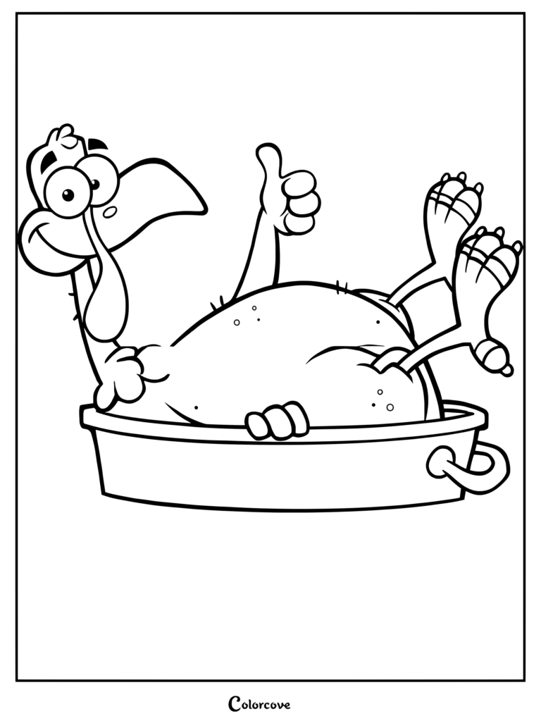 A cartoon turkey sitting in a roasting pan giving a thumbs up, black and white coloring page.