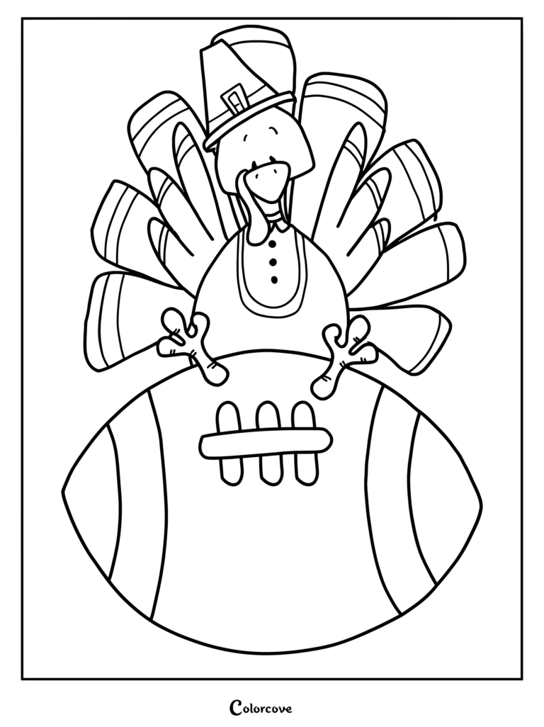 A simple line art coloring page of a turkey wearing a pilgrim hat while sitting on top of a football.
