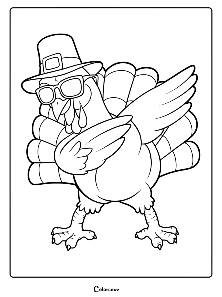 A cartoon turkey wearing a pilgrim hat and glasses performing a dabbing pose in this printable coloring page.