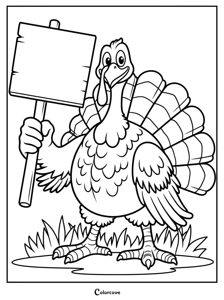 A cartoon turkey holding a blank wooden sign in this printable coloring page.