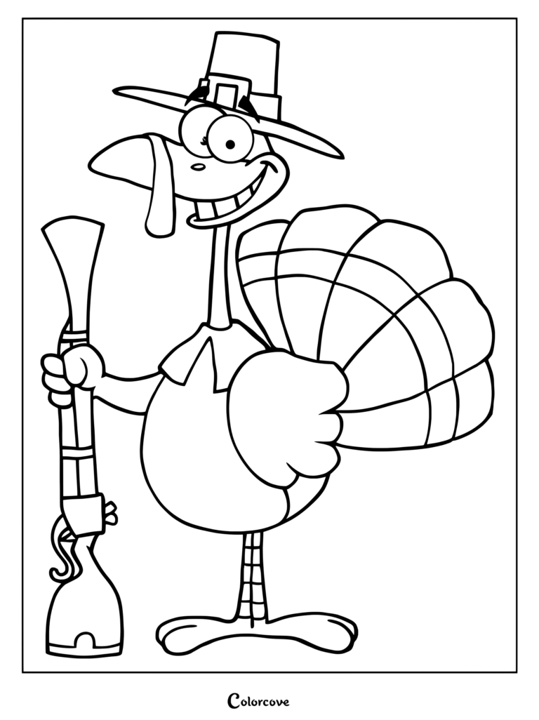 A cartoon turkey wearing a pilgrim hat and holding a musket in this printable coloring page.
