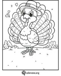 Happy cartoon turkey with a pilgrim hat on a Thanksgiving-themed coloring page with hearts and plants in the background.