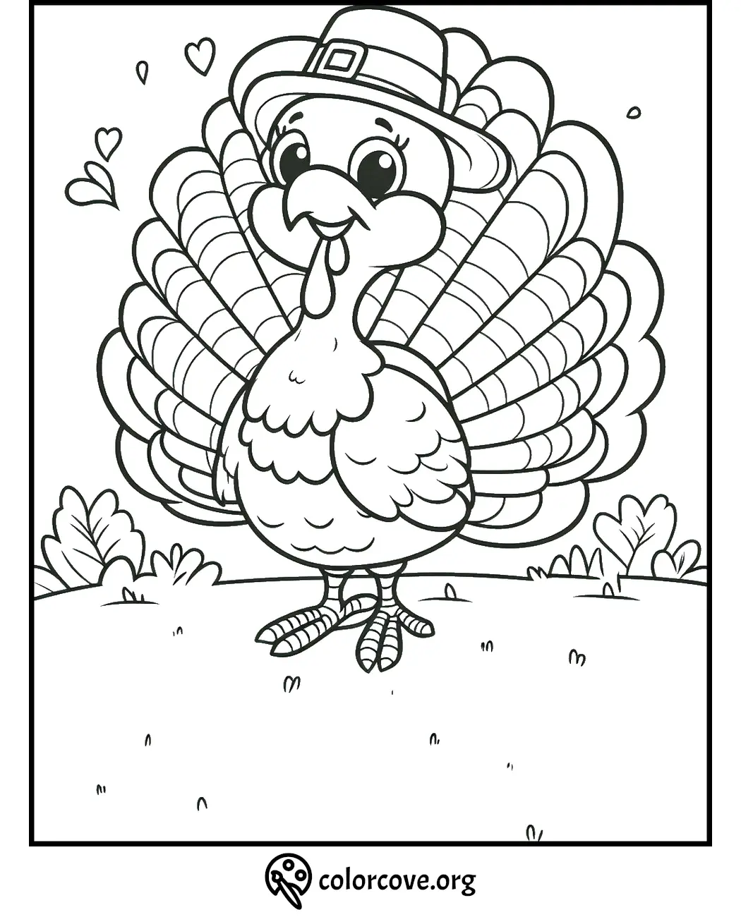 Happy cartoon turkey with a pilgrim hat on a Thanksgiving-themed coloring page with hearts and plants in the background.