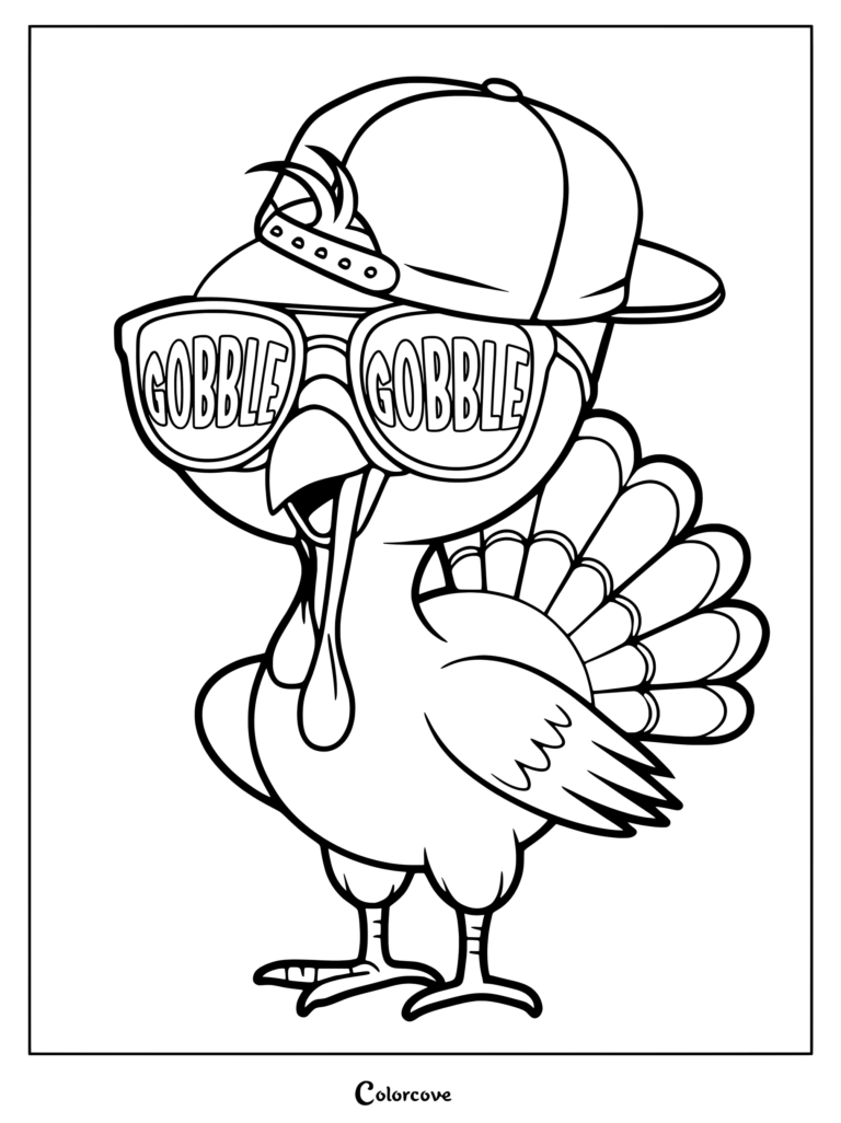 A cartoon turkey wearing a backwards baseball cap and sunglasses that say GOBBLE GOBBLE on this printable coloring page.