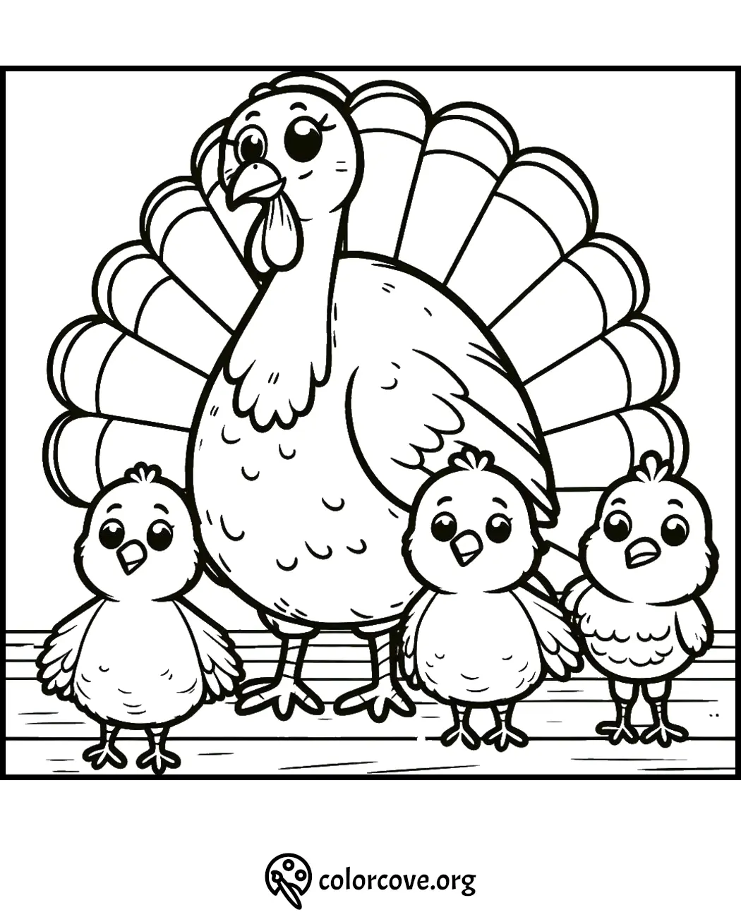 Coloring page of a turkey and three baby turkeys standing together. Perfect for kids' fall or Thanksgiving activities.