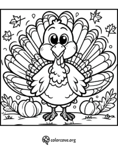 Thanksgiving turkey coloring page with pumpkins, falling leaves, and background nature elements for kids and adults.
