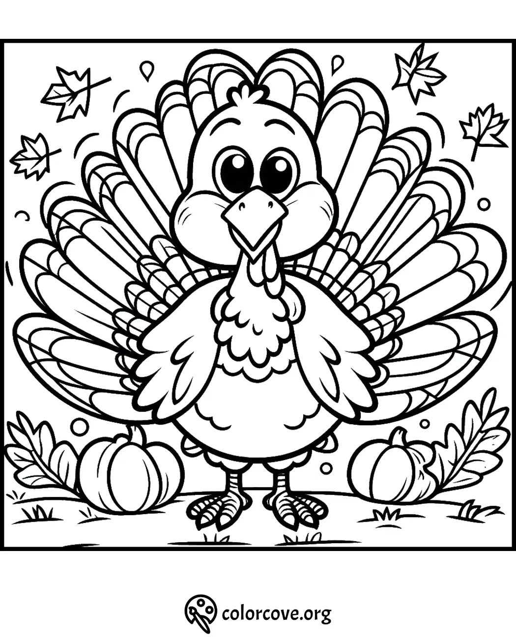 Thanksgiving turkey coloring page with pumpkins, falling leaves, and background nature elements for kids and adults.