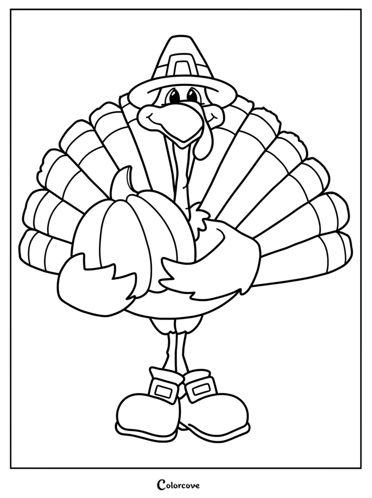 A cartoon turkey wearing a pilgrim hat and buckled shoes holding a large pumpkin in this printable coloring page.