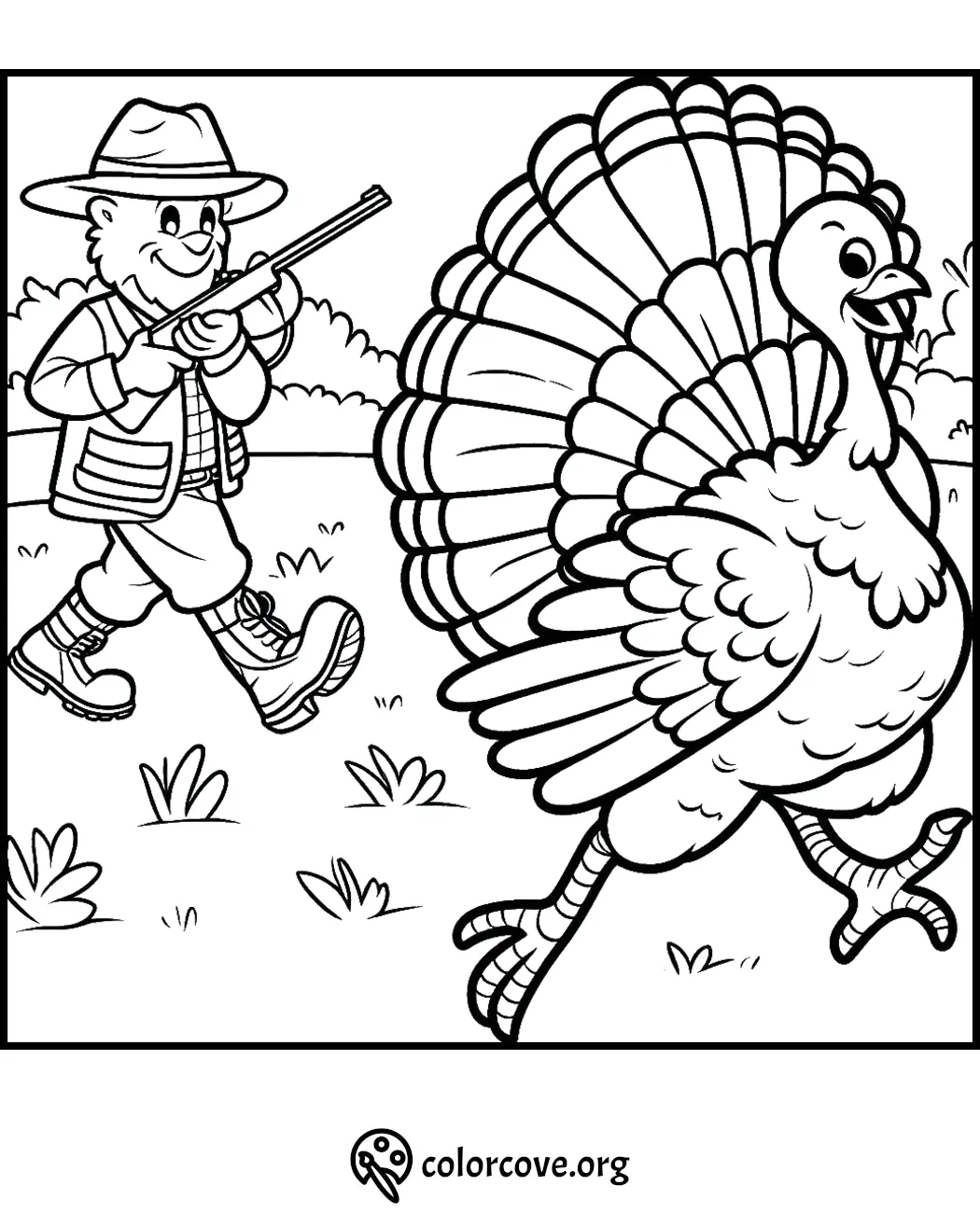 Boy with a gun chasing a turkey in a field - printable coloring page for kids from colorcove.org.