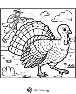 Coloring page depicting a hunter with a gun aiming at a large turkey in a field, suitable for Thanksgiving activities.