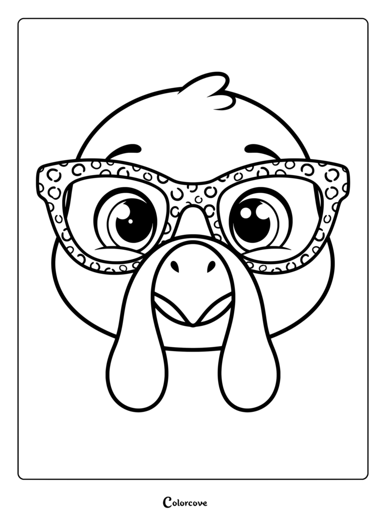 A close-up coloring page of a cute turkey face wearing large, thick-rimmed glasses with a circular pattern.