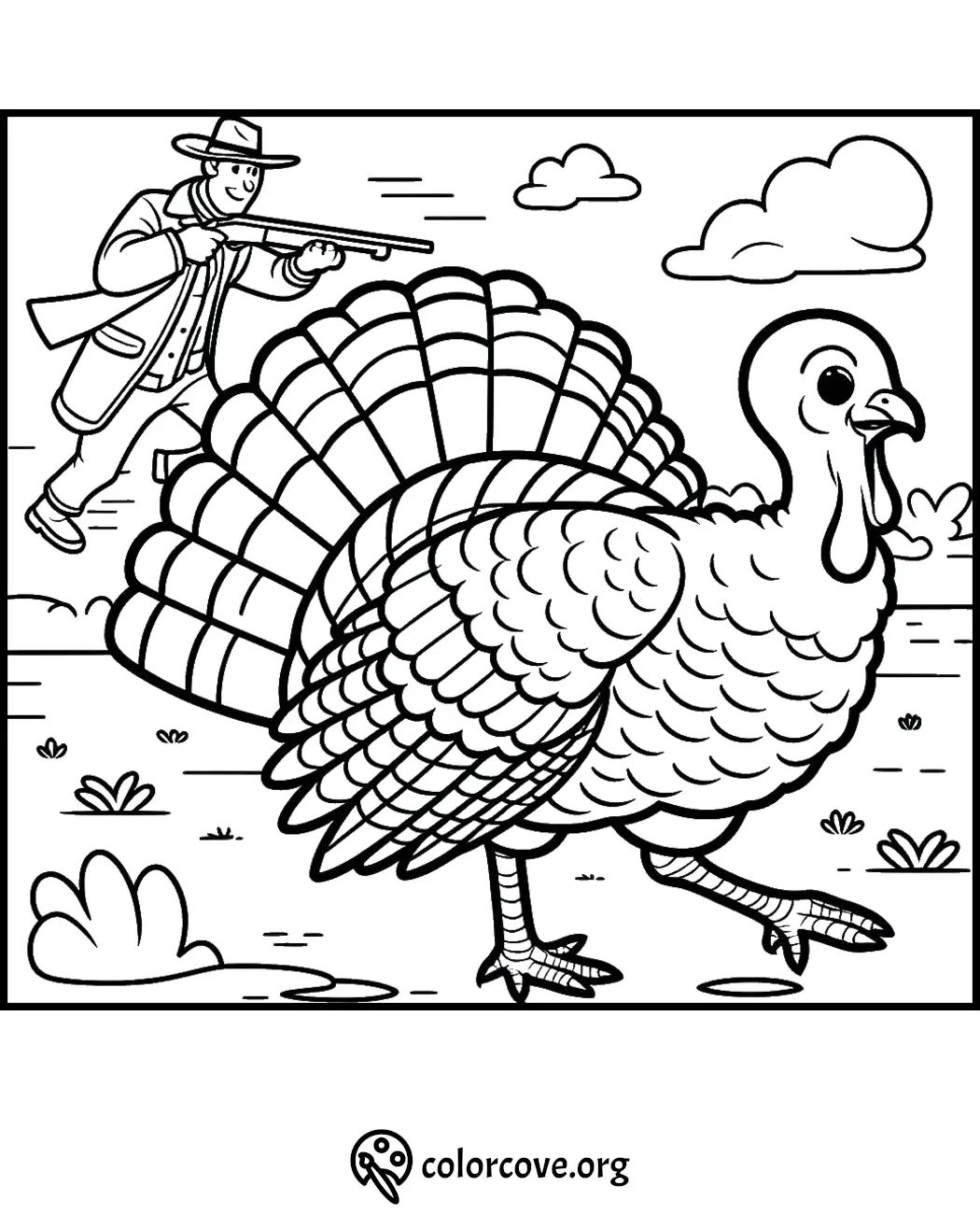 Coloring page depicting a hunter with a gun aiming at a large turkey in a field, suitable for Thanksgiving activities.