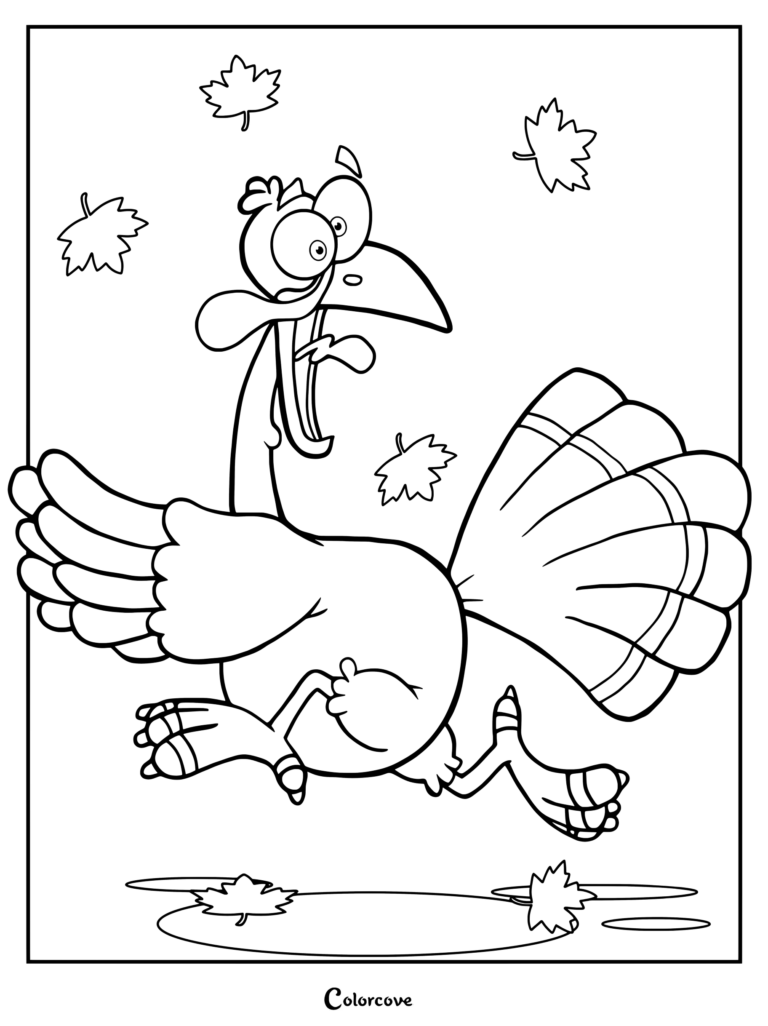 A silly cartoon turkey with wide eyes running through falling autumn leaves in this printable coloring page.