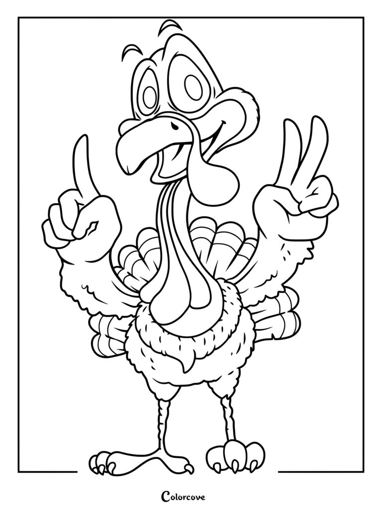 A cartoon turkey coloring page showing a bird with wide eyes making a peace sign with one hand and pointing up with the other.