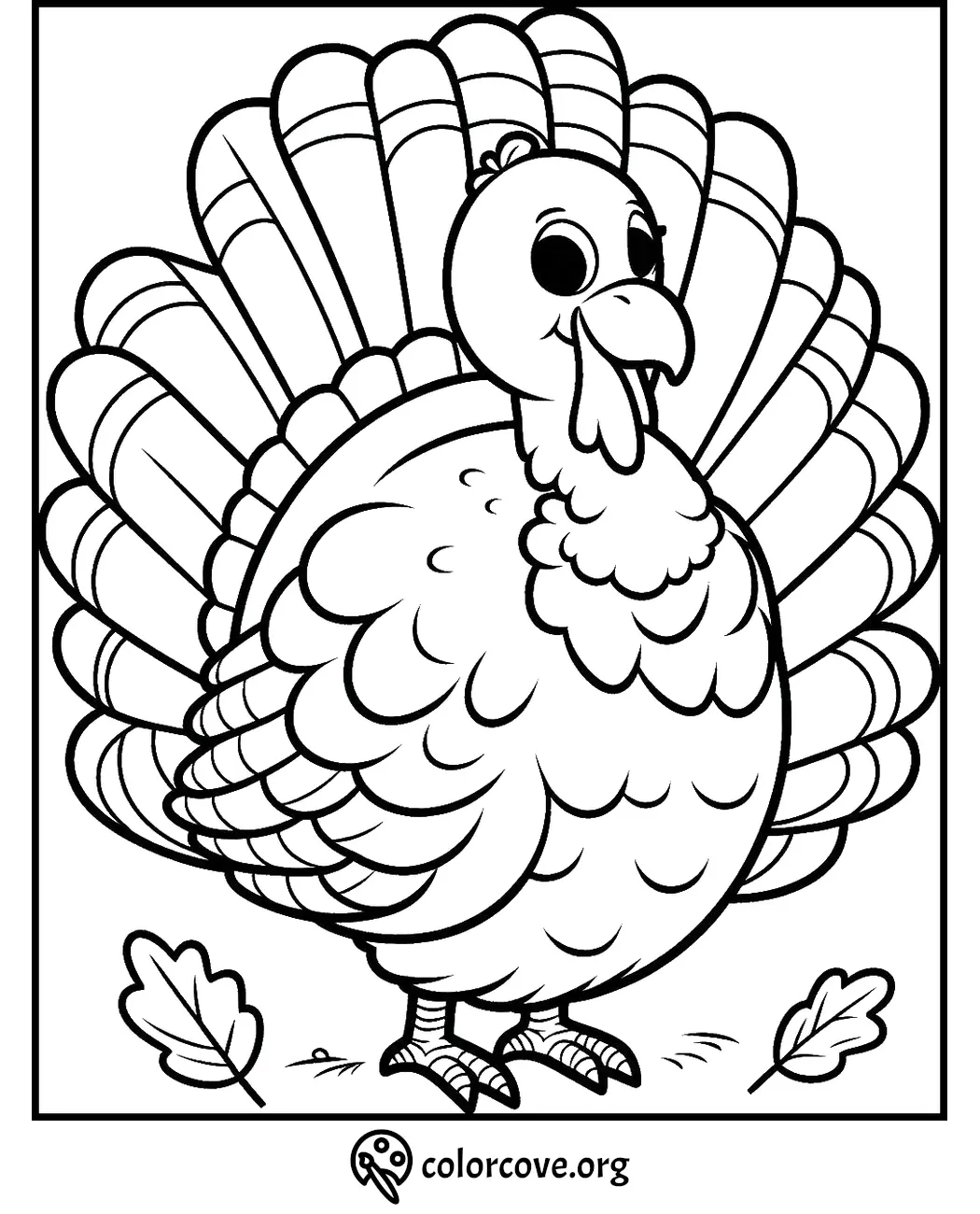 Happy turkey coloring page for kids with cute details and fall leaves. Download and print this fun Thanksgiving activity!