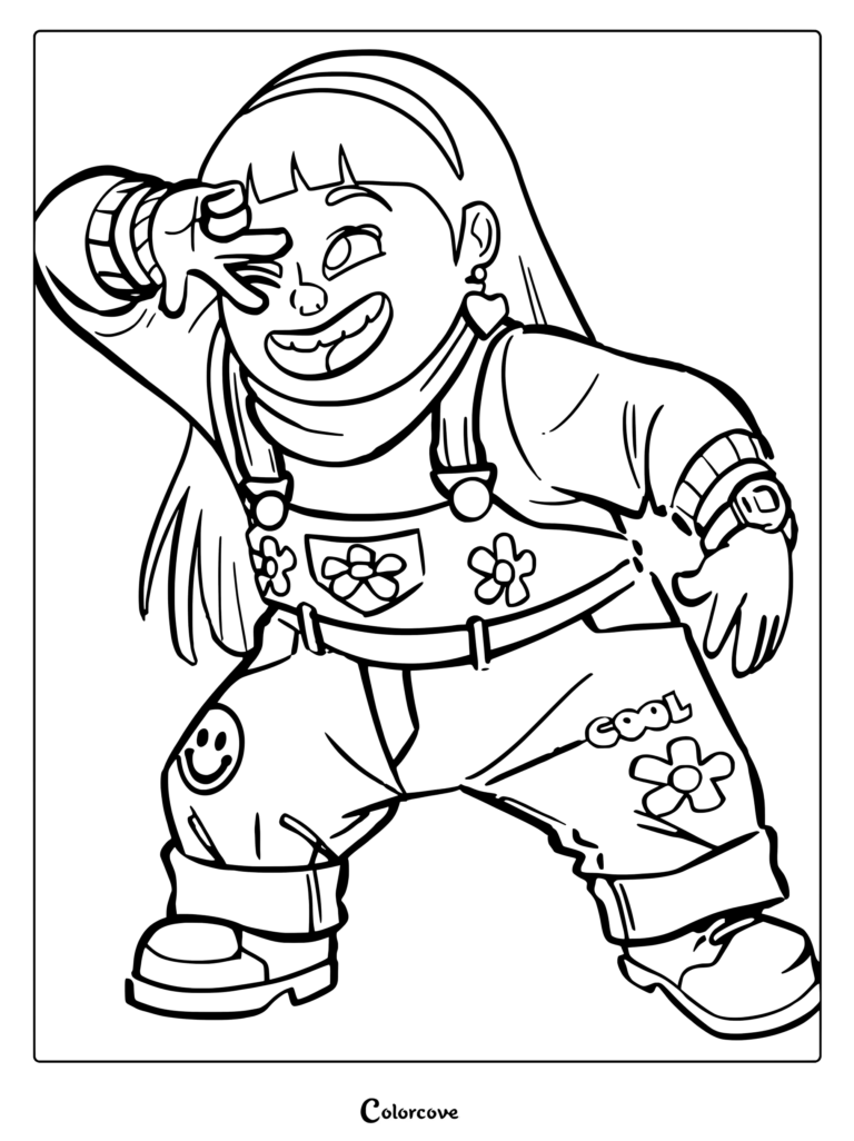 Abby Park from Turning Red striking a cool pose in her signature overalls, featured in this printable coloring page.