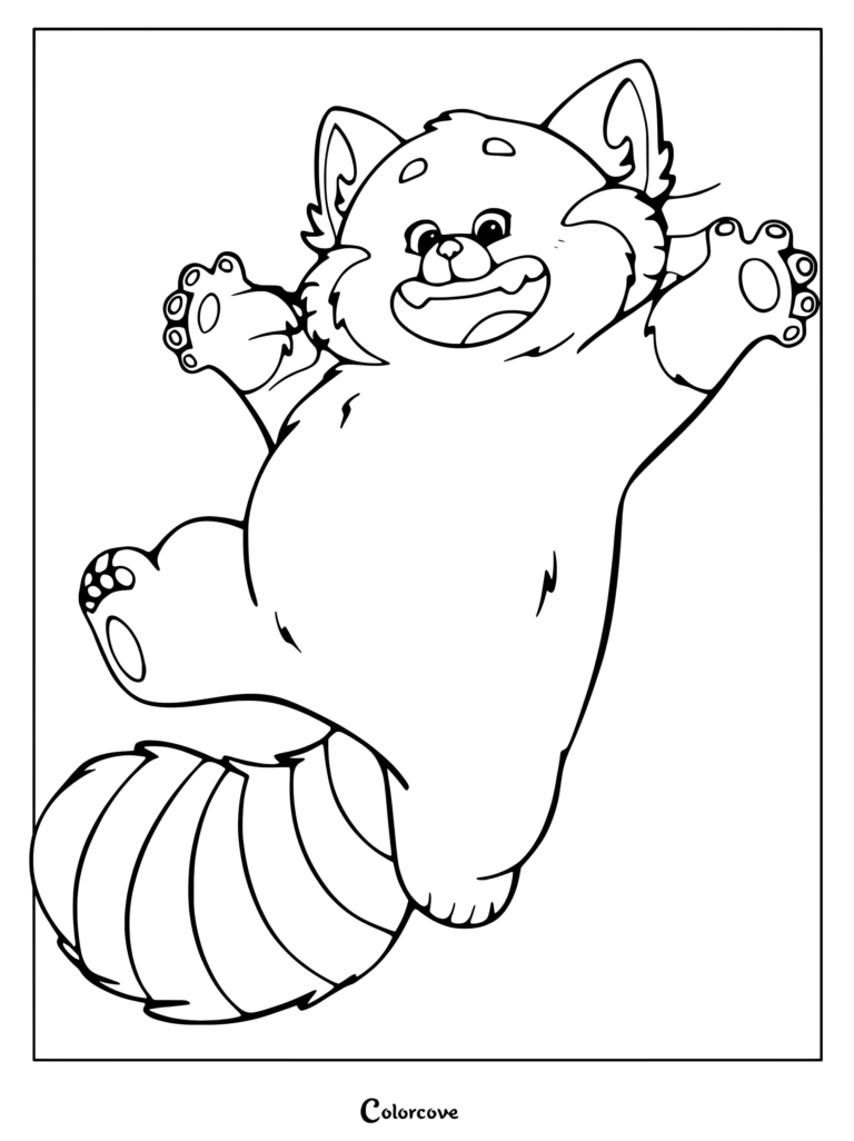 Mei Lee in her large, fluffy red panda form leaping forward with a joyful expression in this printable coloring page.