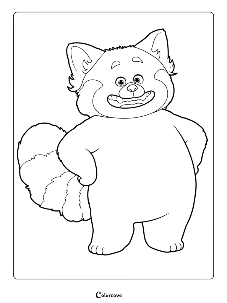 Mei Lee in her large, fluffy red panda form standing with hands on hips in this printable coloring page.