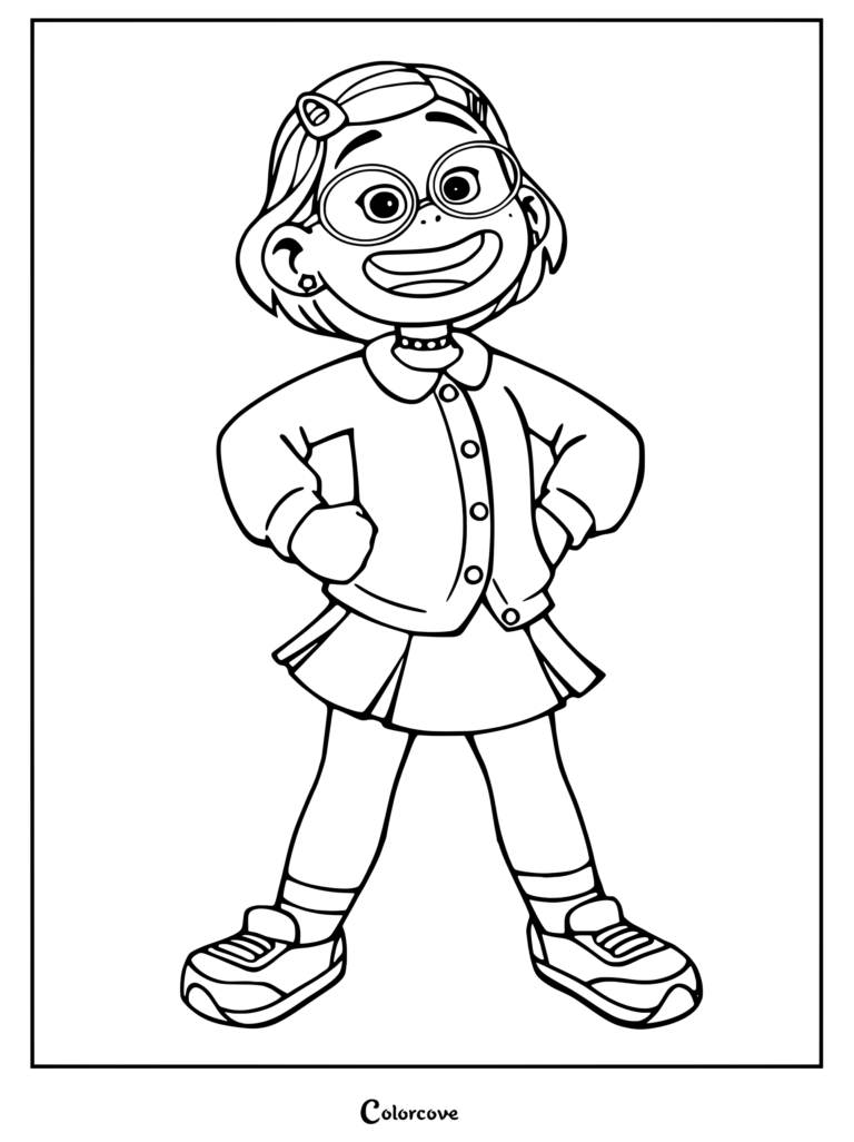 Mei Lee from Turning Red standing with hands on hips in this printable coloring page featuring her signature glasses and hair clip.