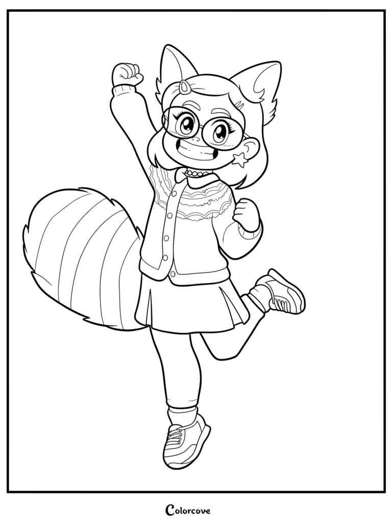A printable coloring page featuring Mei Lee in her half-panda form, showing her red panda ears and large striped tail while wearing her signature glasses and school outfit.