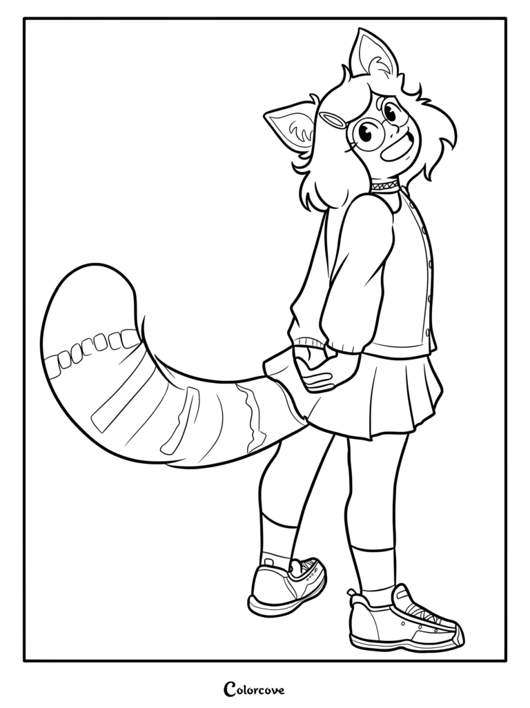 A printable coloring page featuring Mei Lee in her half-transformed state, showing her human face with glasses and hair clips alongside her large, striped red panda tail and ears.
