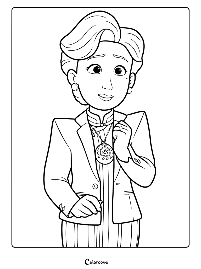 A detailed coloring page of Ming Lee from Turning Red, wearing her signature blazer and holding her family talisman necklace.