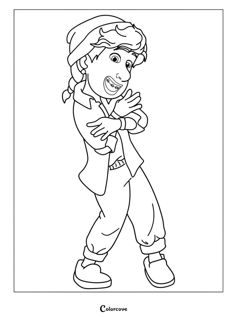 Miriam Mendelsohn from Turning Red wearing a beanie and braces, depicted in a line art coloring page style.
