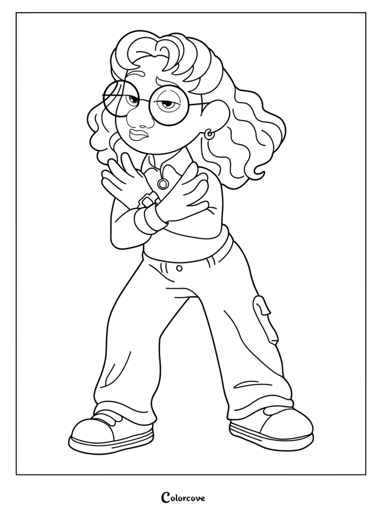 Priya Mangal from Turning Red standing with arms crossed in a cool pose, detailed line art coloring page.