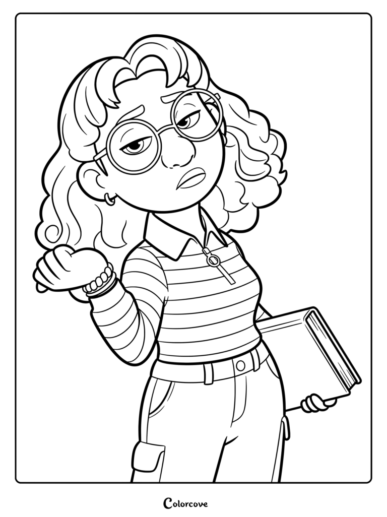 Priya Mangal from Turning Red holding a book, shown in a detailed line art coloring page style.