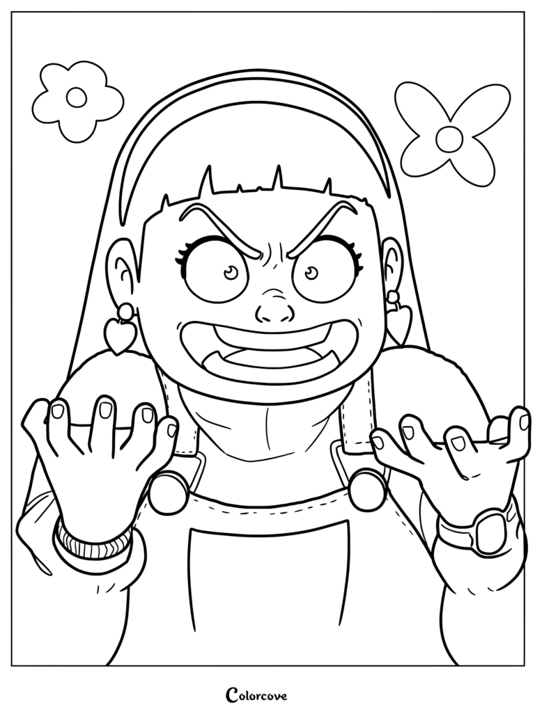 Abby Park from Turning Red with an excited, intense expression, hands raised in a claw-like gesture, featured on a printable coloring page with flower doodles.