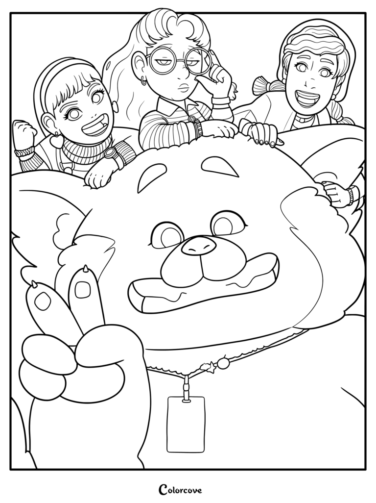 Mei as a red panda taking a selfie with Abby Park, Priya Mangal, and Miriam Mendelsohn in this Turning Red coloring page.