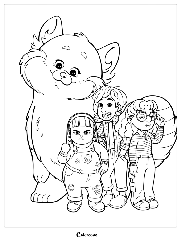 Mei as a red panda standing with Abby Park, Miriam Mendelsohn, and Priya Mangal in this printable coloring page.