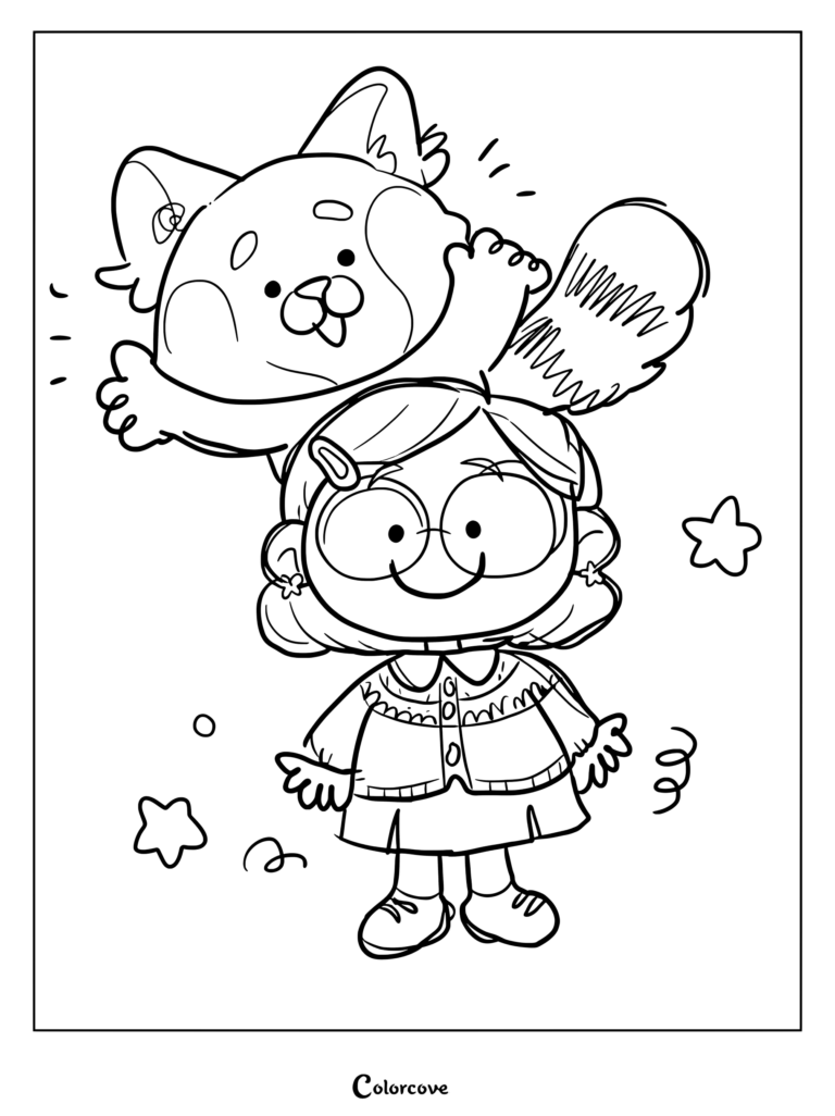 A line art coloring page featuring Mei Lee standing with her cute red panda form hovering playfully above her head.