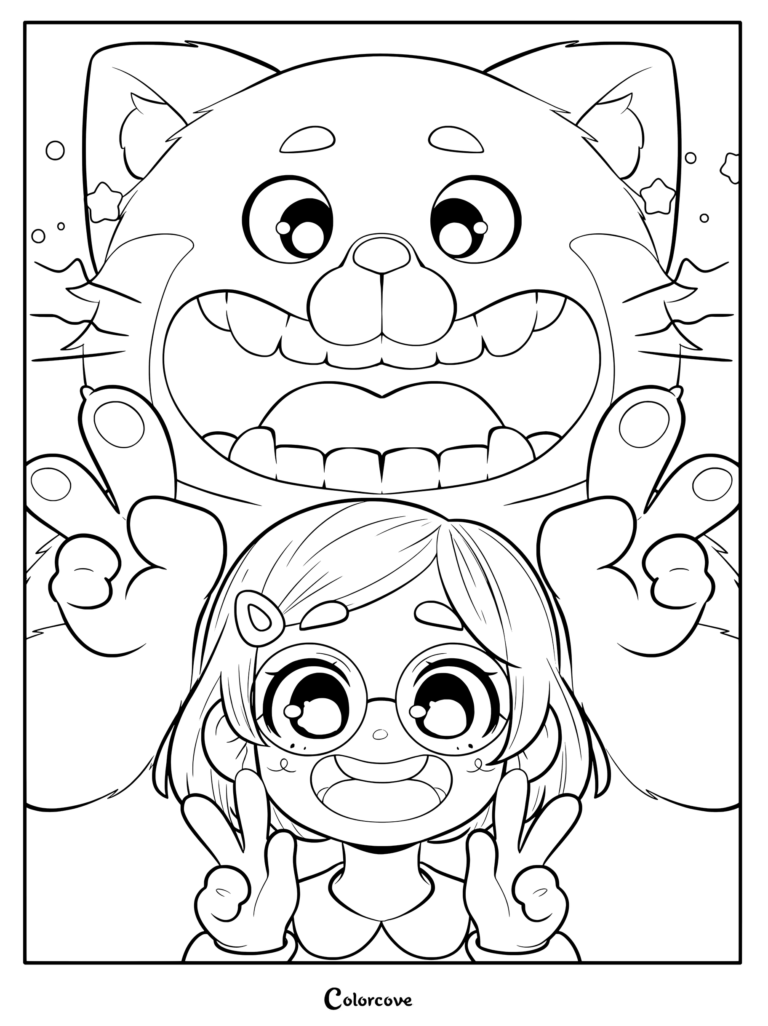 Mei Lee making a peace sign with her hands in front of her giant red panda form in this Turning Red coloring page.