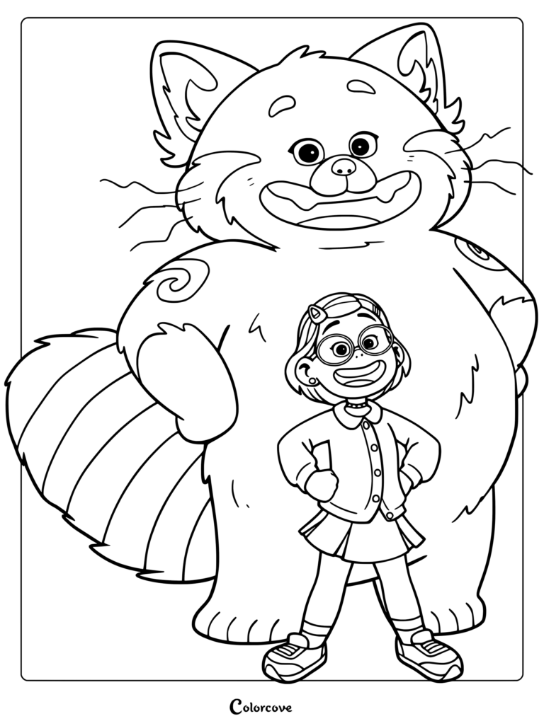 A printable coloring page featuring Mei Lee standing confidently in front of her giant red panda form from Turning Red.
