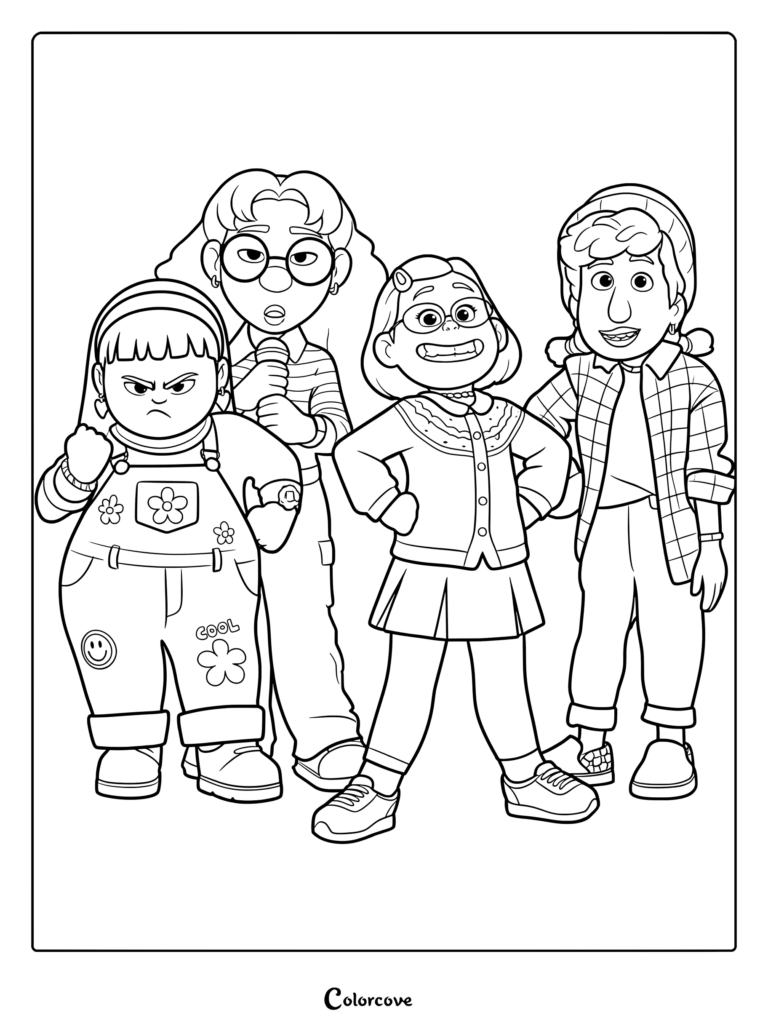 Abby, Priya, Meilin, and Miriam posing together in line art.