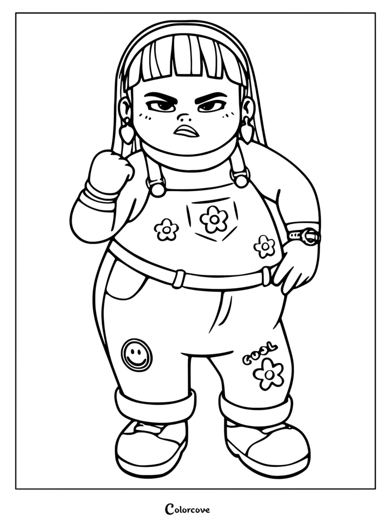 Abby Park from Turning Red standing with a determined expression in a coloring page illustration wearing her signature overalls with flower patches.