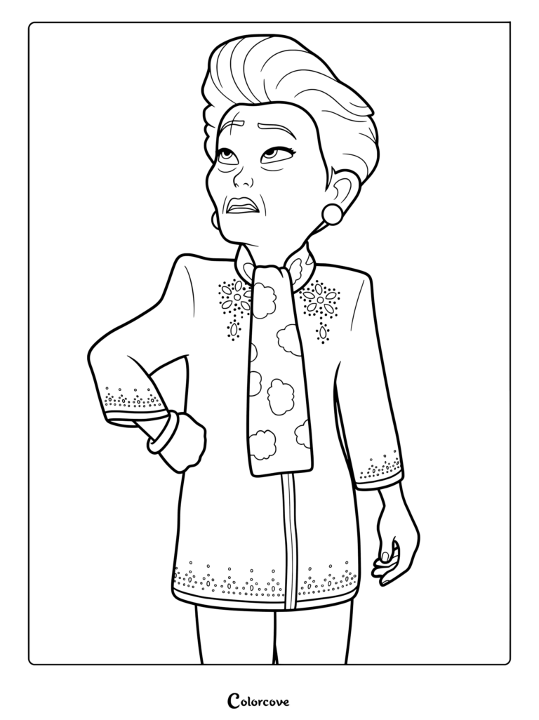 Grandma Wu from Turning Red with her signature high hairstyle and scarf, featured in a detailed line art coloring page.