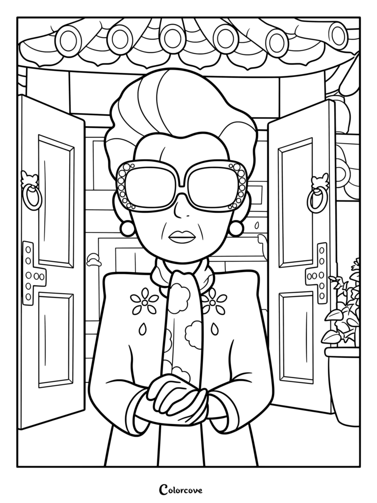 Grandma Wu wearing large glasses and a patterned scarf standing in front of the Lee family temple doors in this Turning Red coloring page.