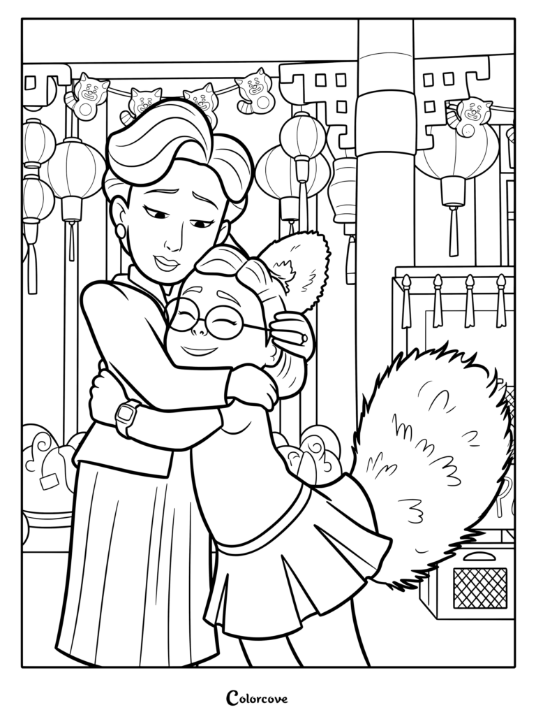 Mei Lee in her red panda form hugging her mother Ming Lee in this printable coloring page set at the family temple.
