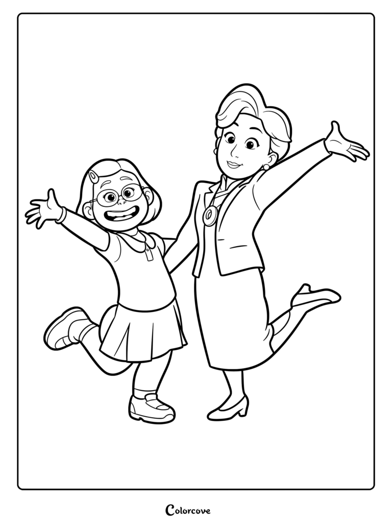 A printable coloring page featuring Mei Lee and her mother Ming Lee standing side-by-side with their arms outstretched and one leg kicked up in a joyful pose.