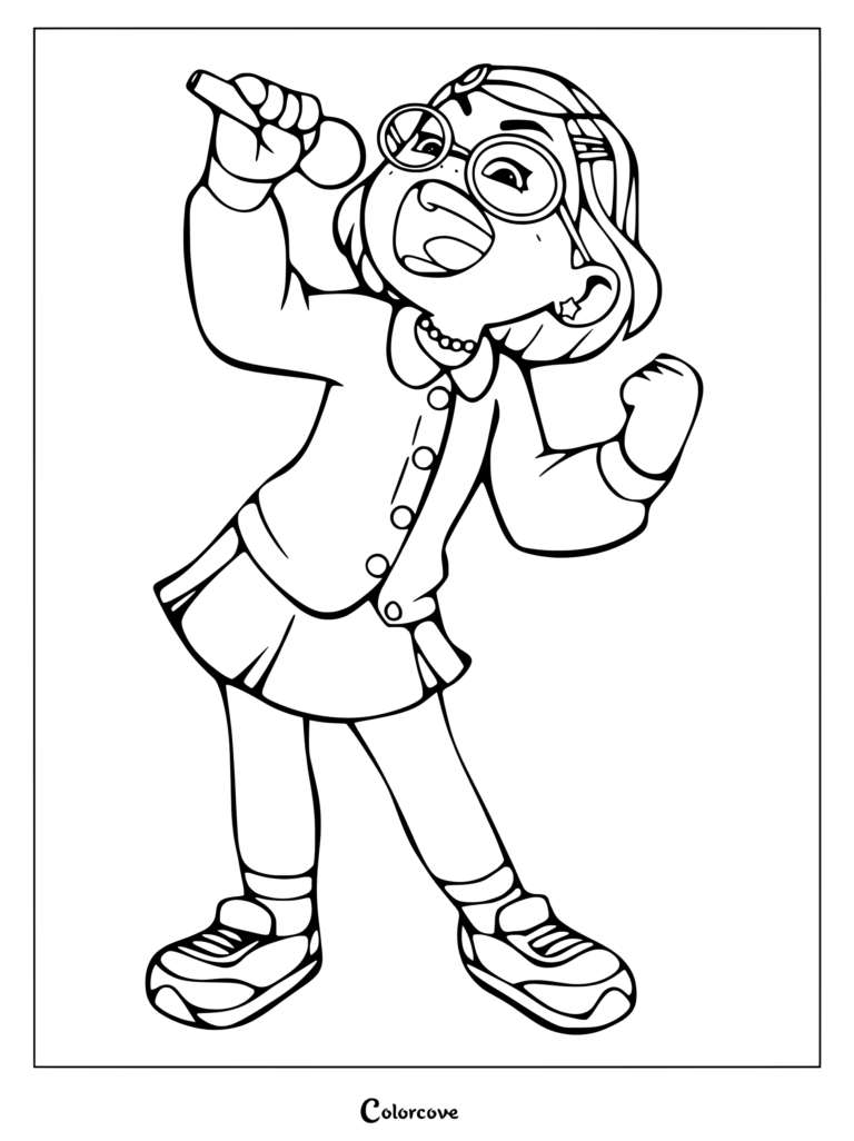 Mei Lee from Turning Red singing into a microphone with her signature glasses and hair clips, presented as a detailed line art coloring page.