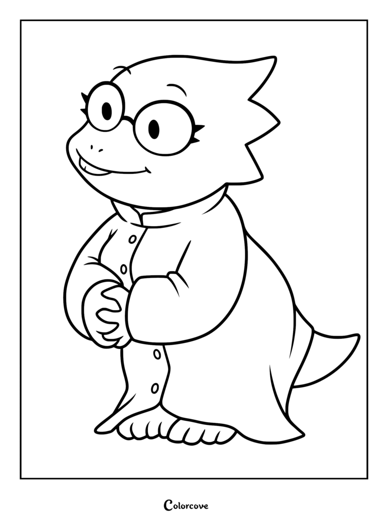 A clean line art coloring page of Alphys, the Royal Scientist from Undertale, wearing her lab coat and round glasses while standing with her hands clasped.