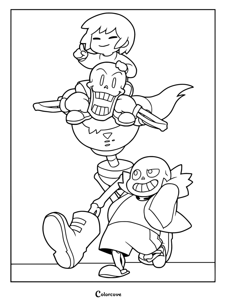 Frisk sitting on the shoulders of Papyrus while Sans walks alongside them in this Undertale coloring page.