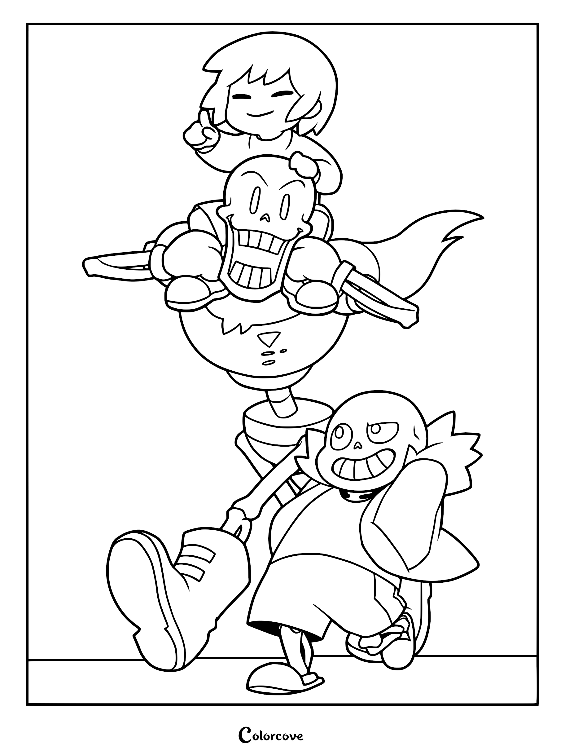 Frisk sitting on the shoulders of Papyrus while Sans walks alongside them in this Undertale coloring page.