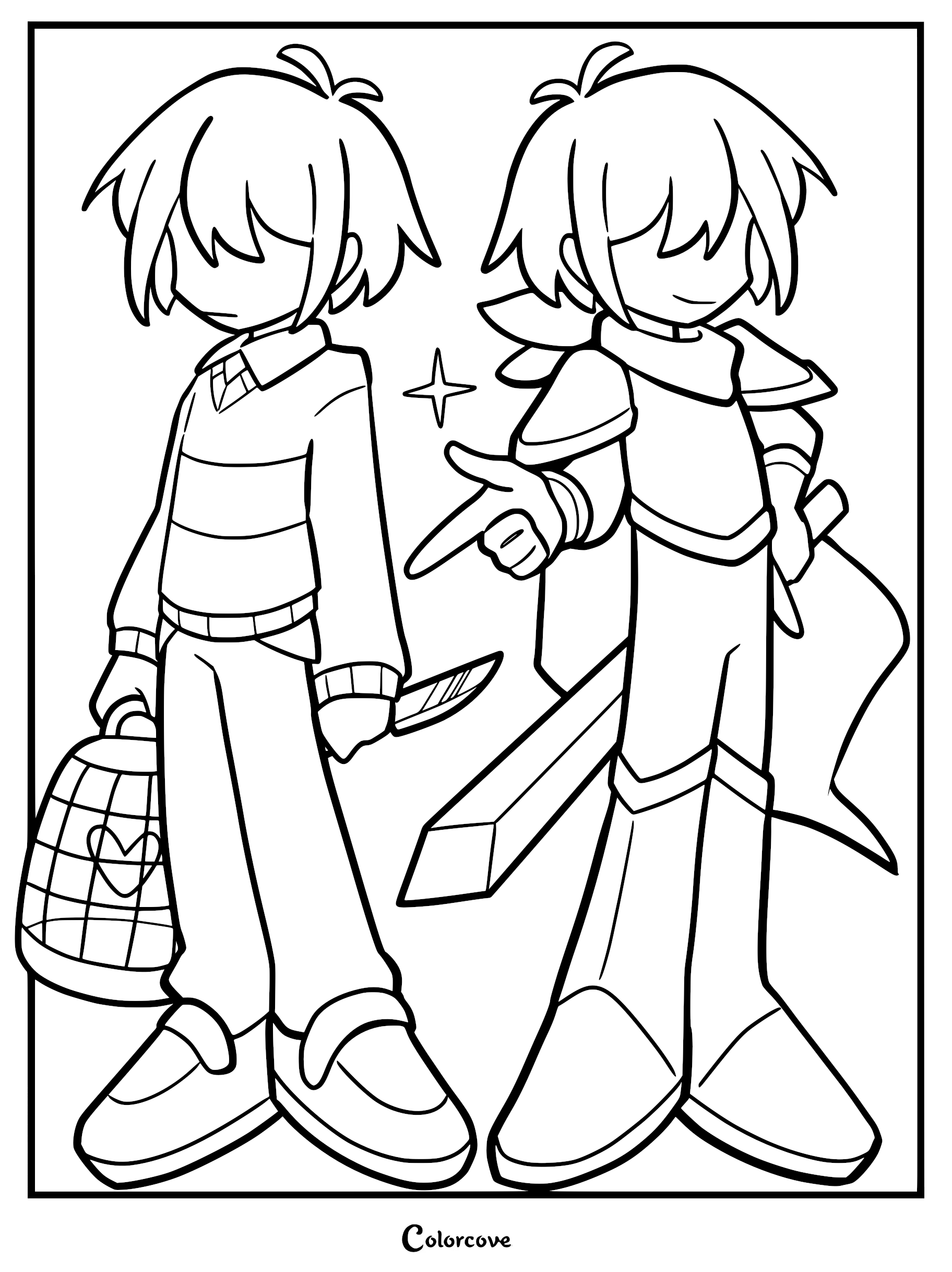 Kris Dreemurr in their distinct Light World and Dark World forms coloring page featuring Kris in a striped sweater and their armored Dark World outfit.