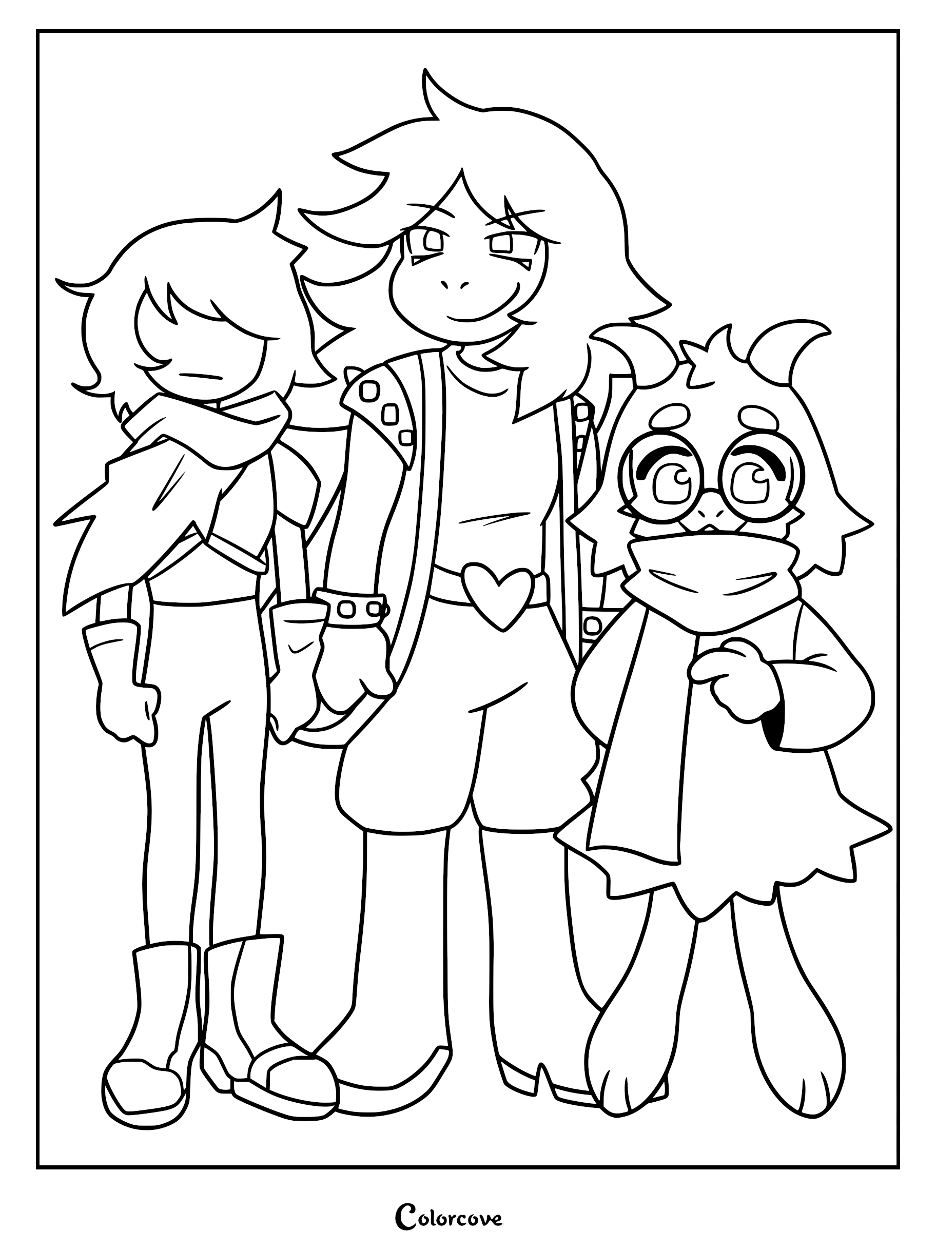 A printable coloring page featuring Kris, Susie, and Ralsei standing together in their Dark World outfits.